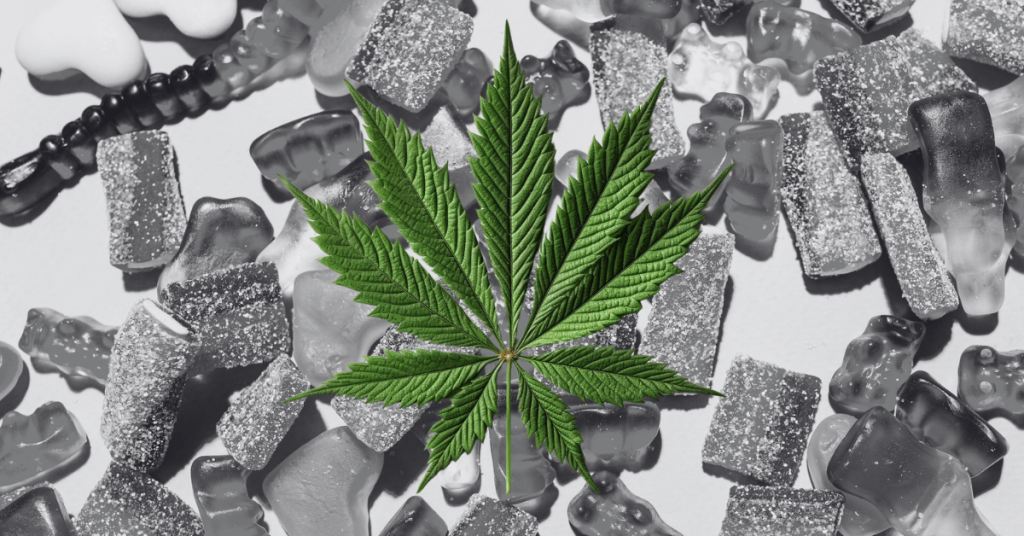 dosing with edibles - cannabis leaf with gummy edibles