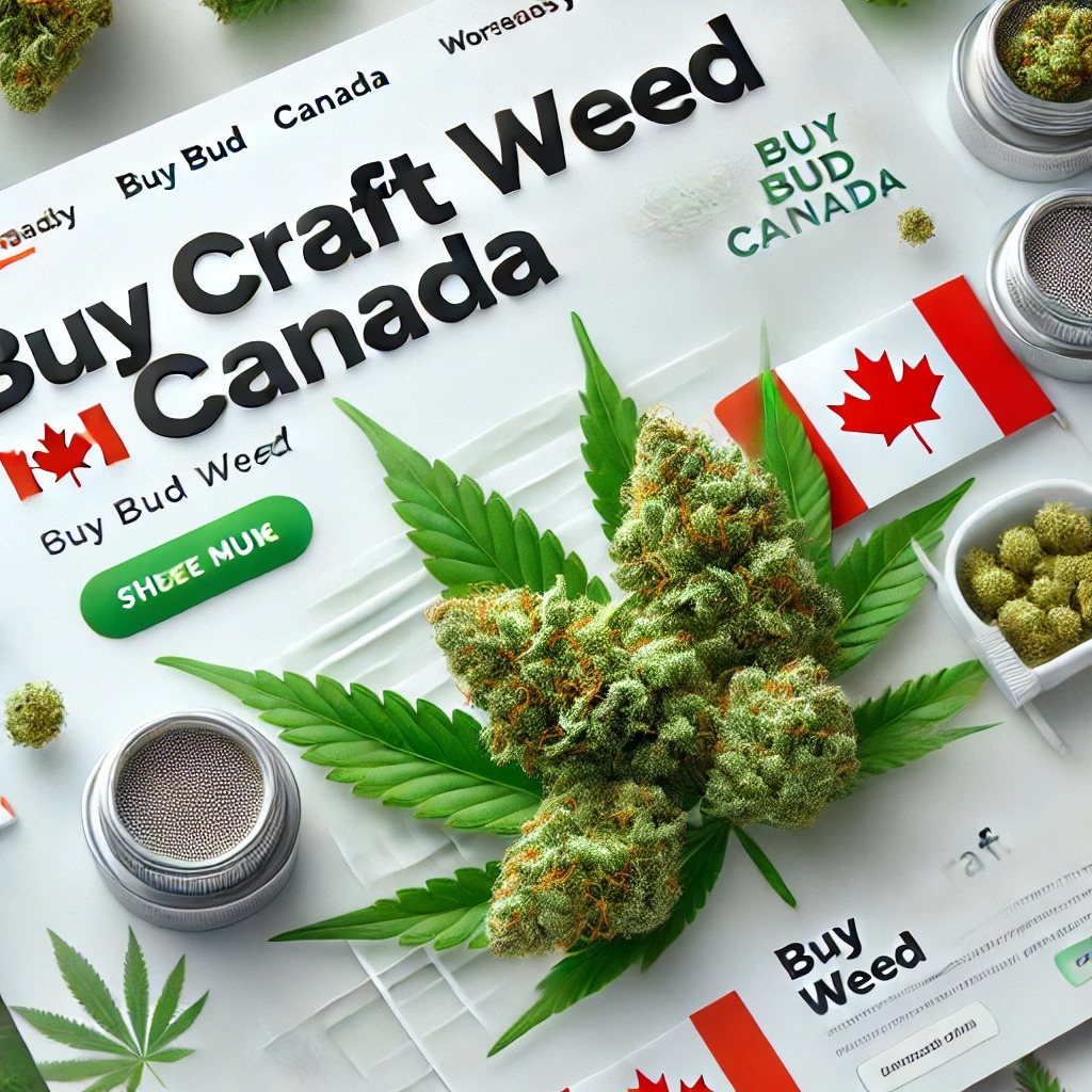 Variety of high-quality craft cannabis buds and leaves on a natural green background, with text overlay 'Buy Craft Weed Canada' in bold typography.