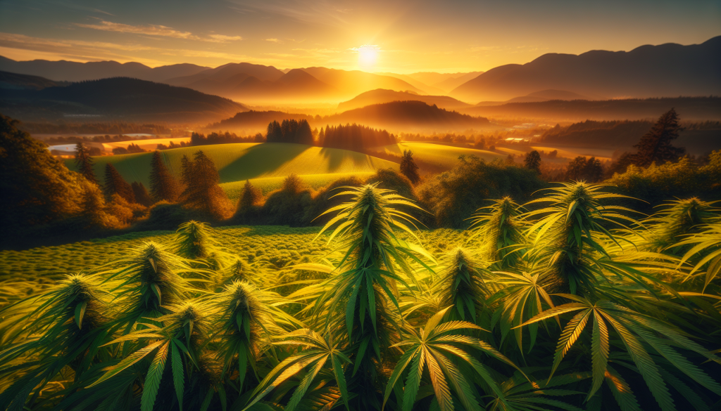 cannabis delivery in a field in the foreground with a scenic landscape of British Columbia in the background