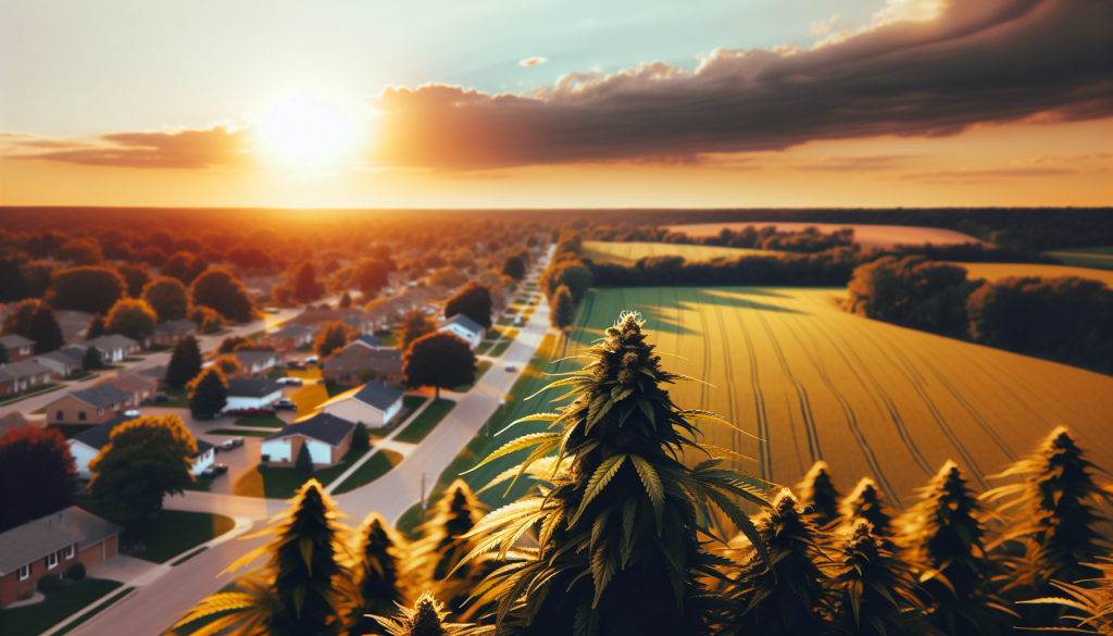 cannabis delivery in a field in the foreground with a scenic landscape of Ontario in the background