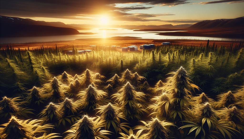 cannabis delivery in a field in the foreground with a scenic landscape of Northwest Territories in the background