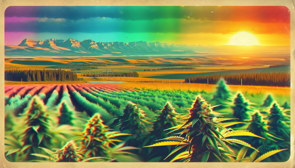 cannabis delivery in a field in the foreground with a scenic landscape of Alberta in the background