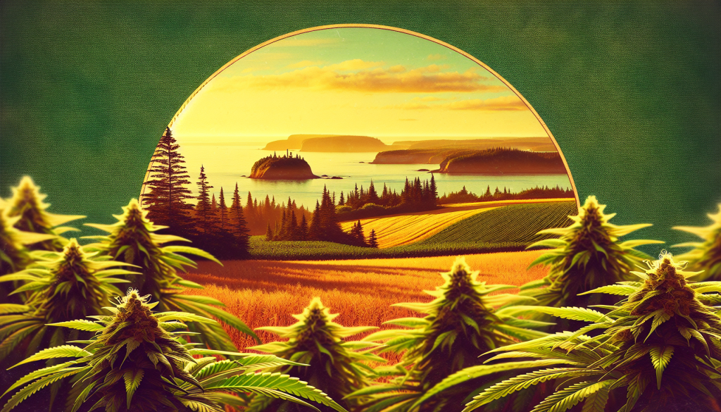 cannabis delivery in a field in the foreground with a scenic landscape of Prince Edward Island in the background