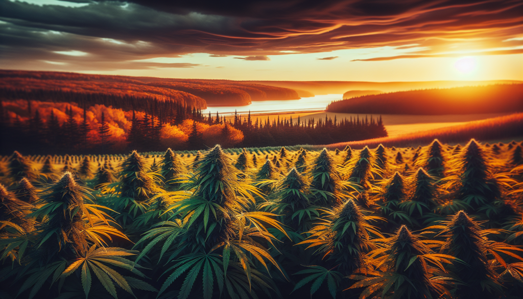 cannabis delivery in a field in the foreground with a scenic landscape of Nova Scotia in the background