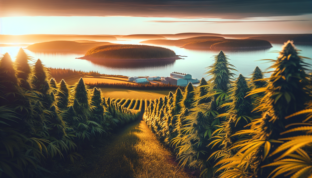 cannabis delivery in a field in the foreground with a scenic landscape of Nova Scotia in the background
