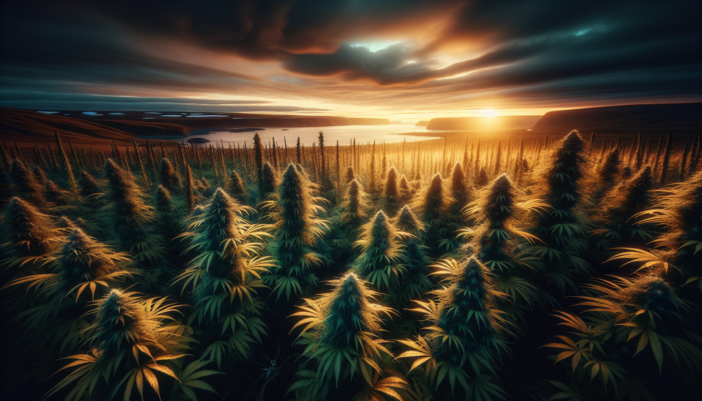 cannabis delivery in a field in the foreground with a scenic landscape of Nunavut in the background