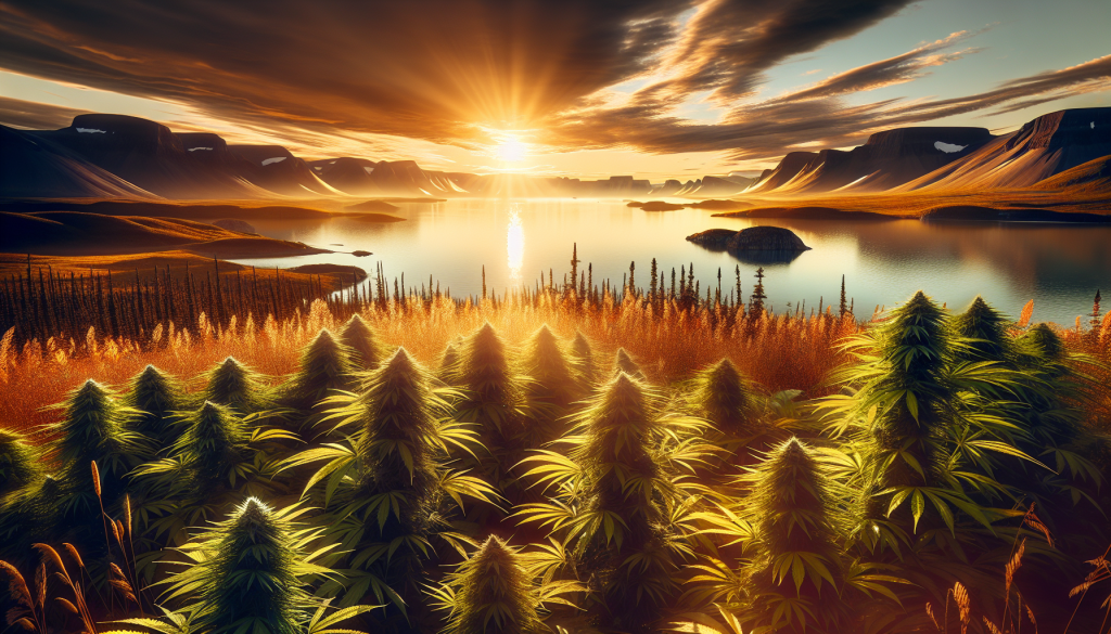 cannabis delivery in a field in the foreground with a scenic landscape of Nunavut in the background