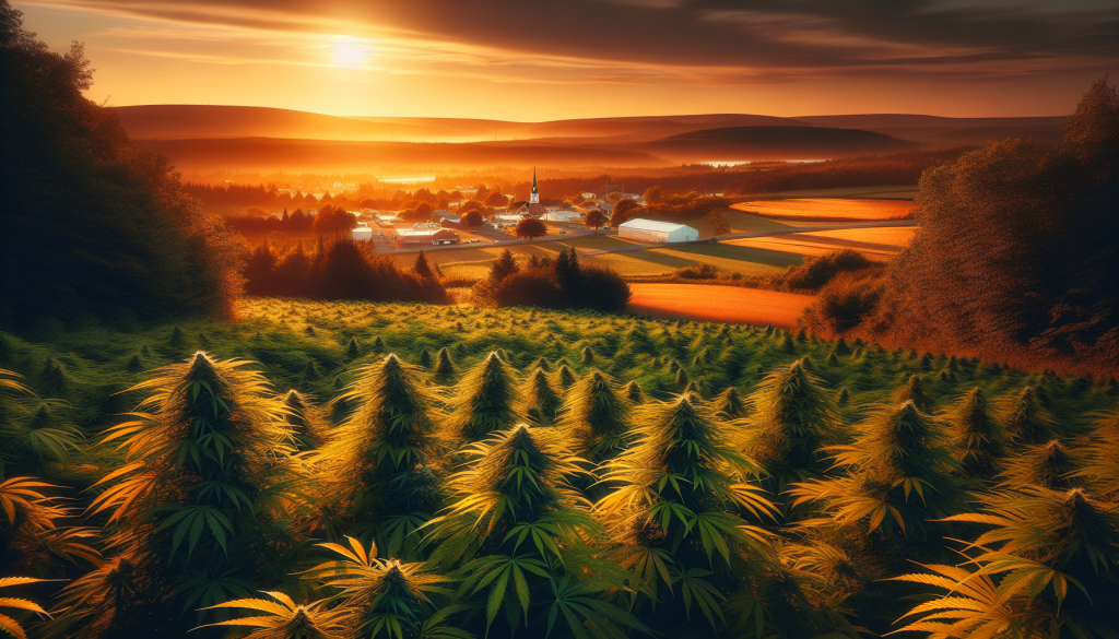 cannabis delivery in a field in the foreground with a scenic landscape of New Brunswick in the background