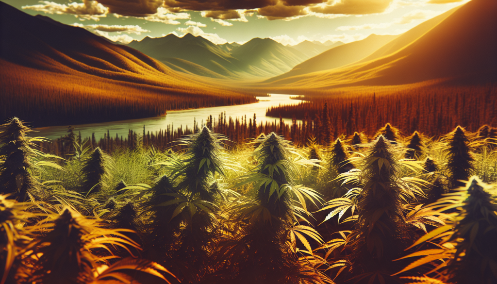 cannabis delivery in a field in the foreground with a scenic landscape of Yukon in the background