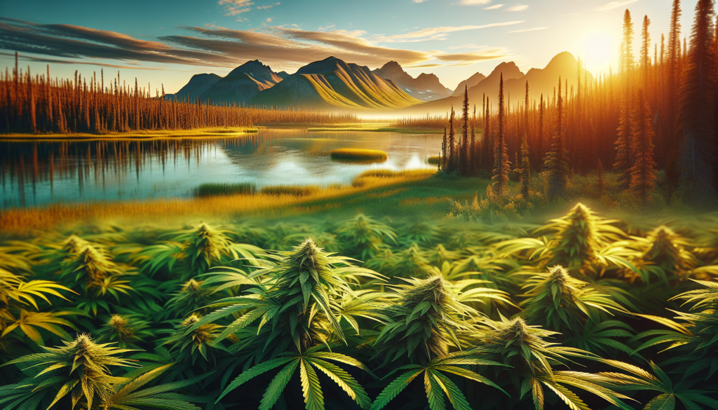 cannabis delivery in a field in the foreground with a scenic landscape of Northwest Territories in the background