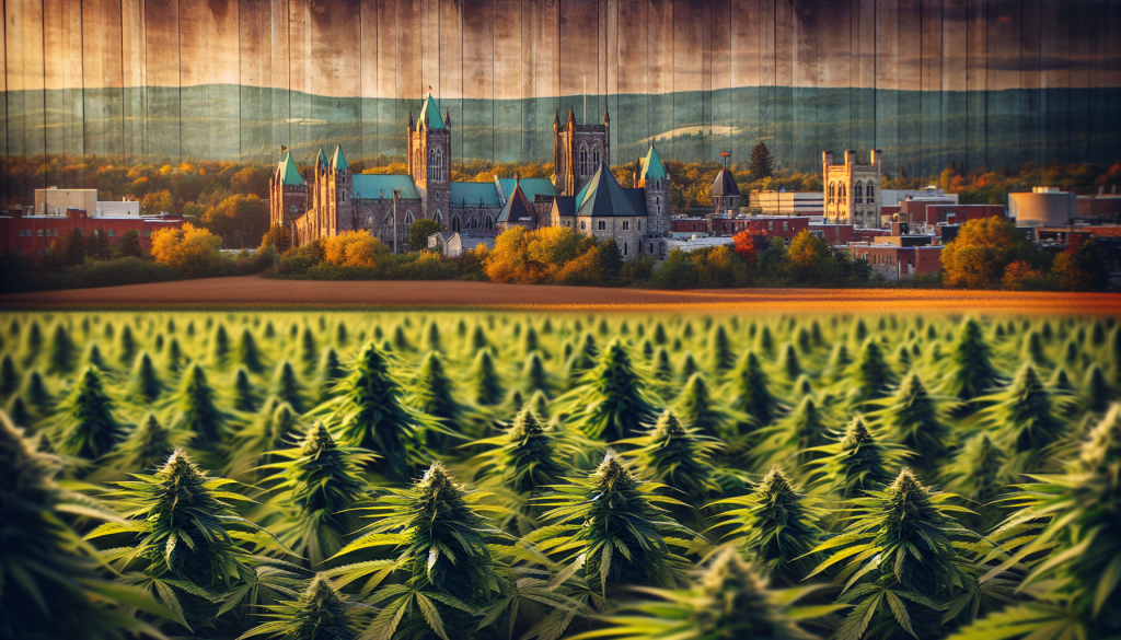 cannabis delivery in a field in the foreground with a scenic landscape of Ontario in the background