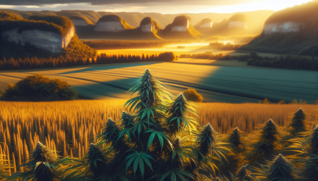 cannabis delivery in a field in the foreground with a scenic landscape of Ontario in the background