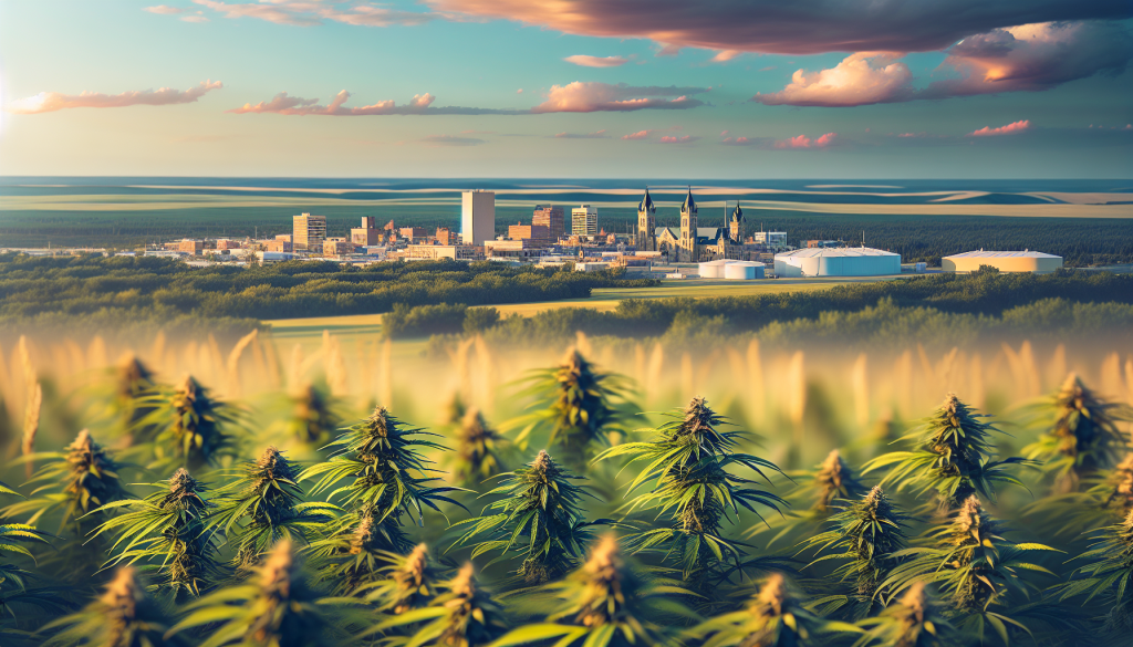 cannabis delivery in a field in the foreground with a scenic landscape of Manitoba in the background