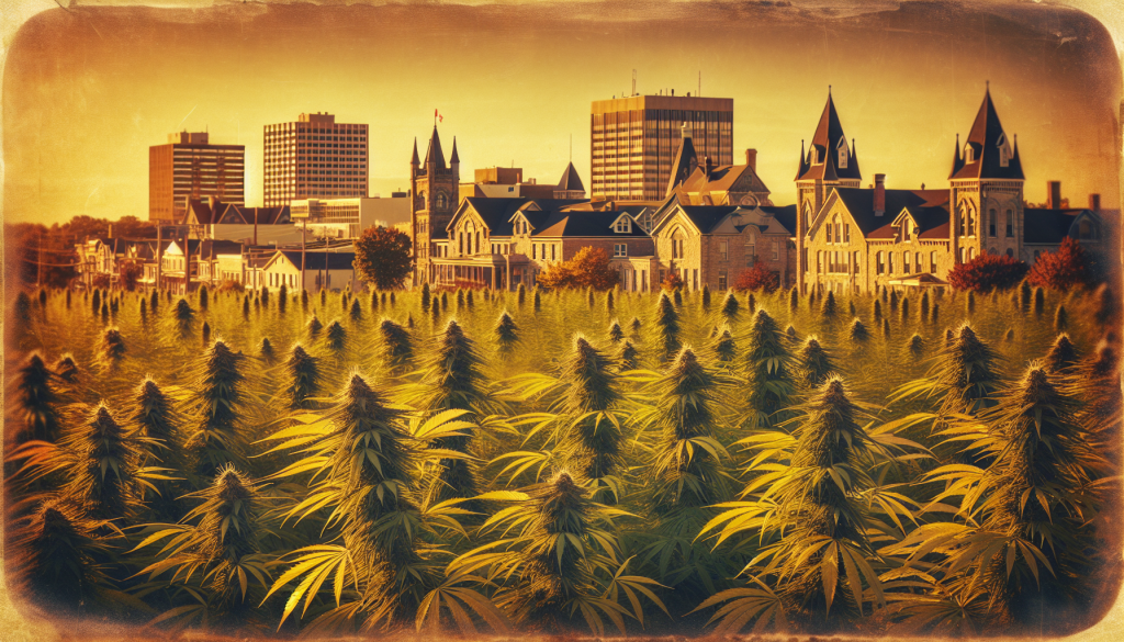 cannabis delivery in a field in the foreground with a scenic landscape of Ontario in the background