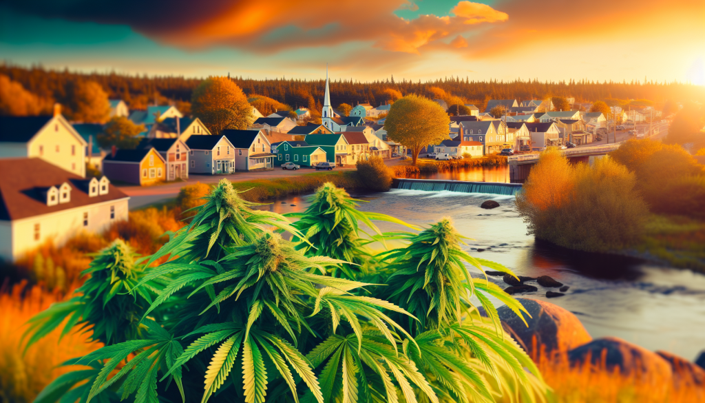cannabis delivery in a field in the foreground with a scenic landscape of Nova Scotia in the background