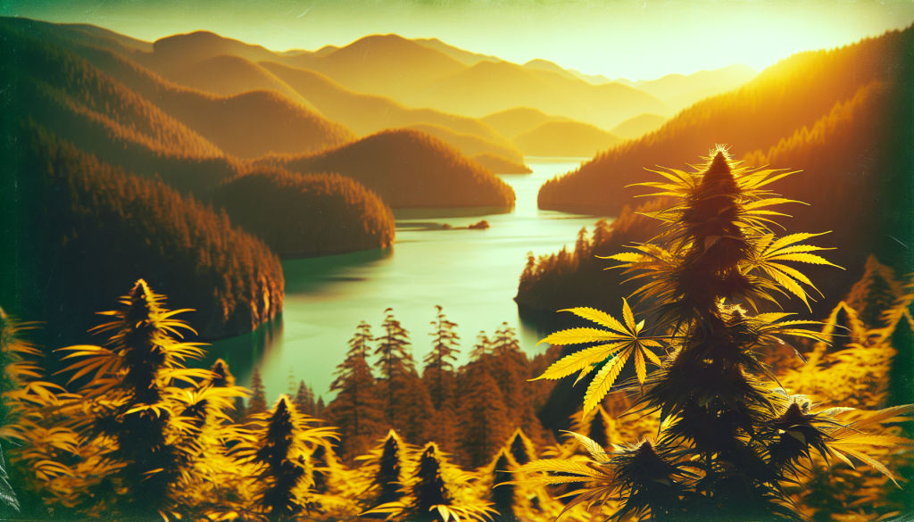 cannabis delivery in a field in the foreground with a scenic landscape of British Columbia in the background