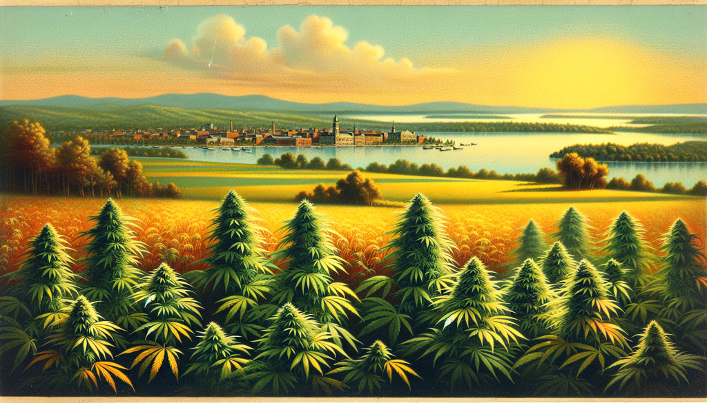 cannabis delivery in a field in the foreground with a scenic landscape of Ontario in the background