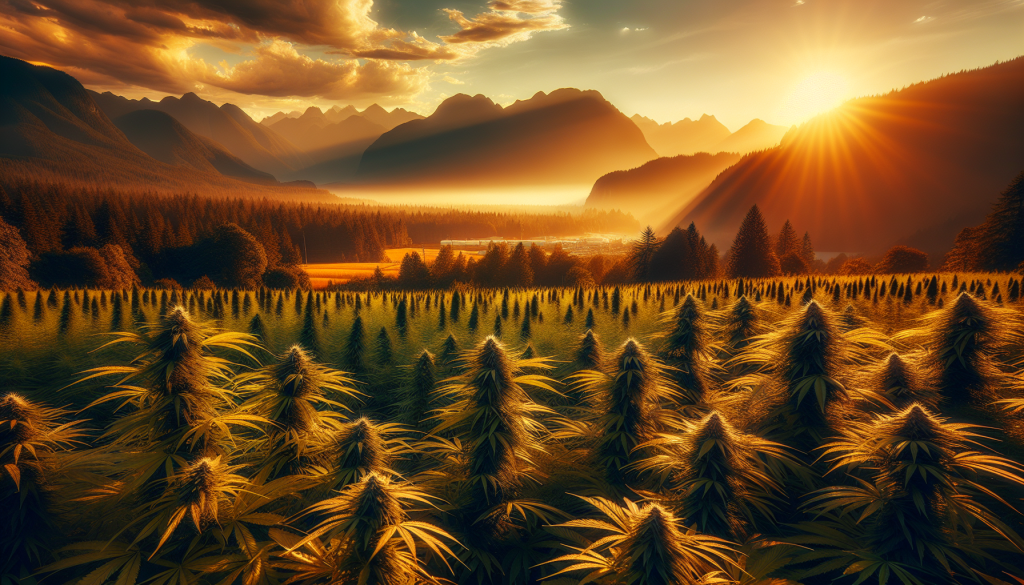 cannabis delivery in a field in the foreground with a scenic landscape of British Columbia in the background