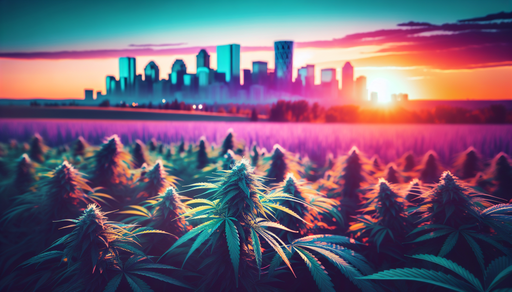 cannabis delivery in a field in the foreground with a scenic landscape of Alberta in the background