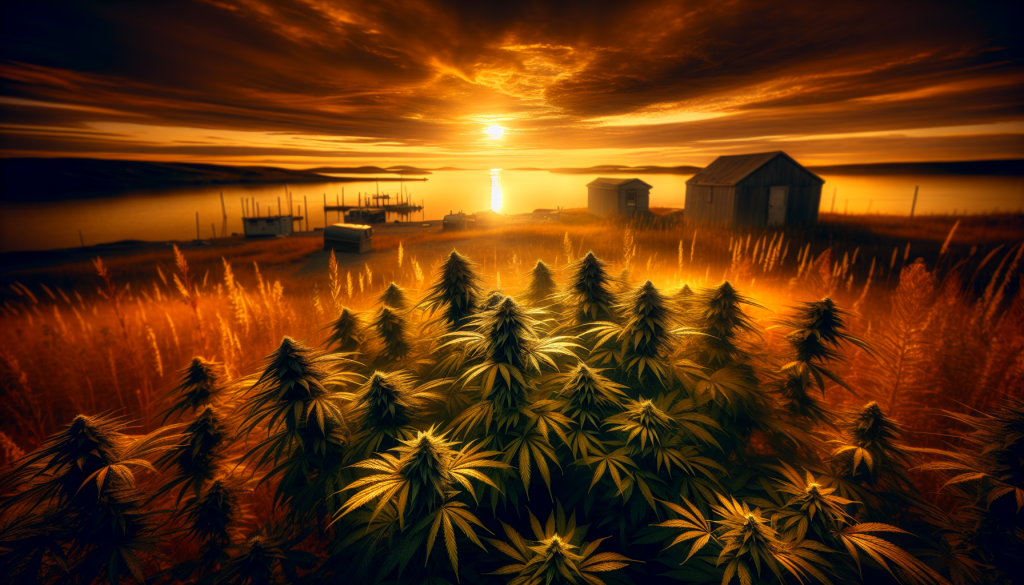 cannabis delivery in a field in the foreground with a scenic landscape of Nunavut in the background