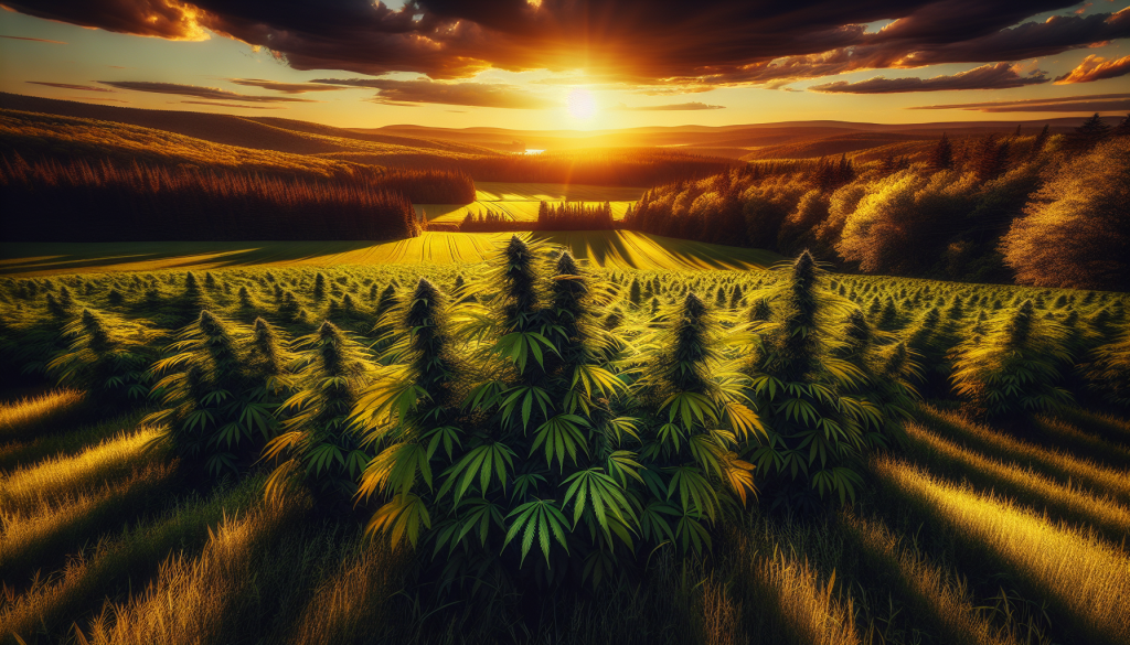 cannabis delivery in a field in the foreground with a scenic landscape of New Brunswick in the background