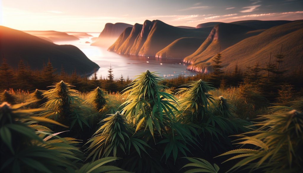 cannabis delivery in a field in the foreground with a scenic landscape of Nova Scotia in the background
