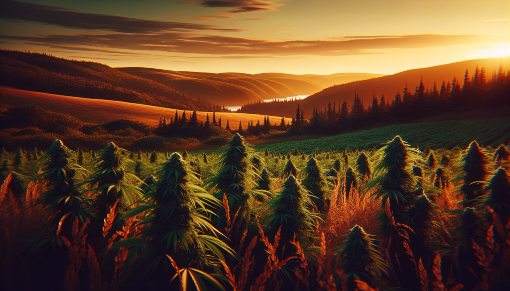 cannabis delivery in a field in the foreground with a scenic landscape of Newfoundland and Labrador in the background