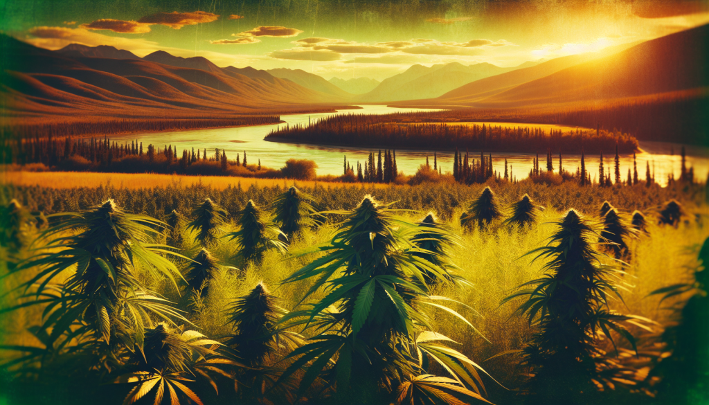 cannabis delivery in a field in the foreground with a scenic landscape of Yukon in the background