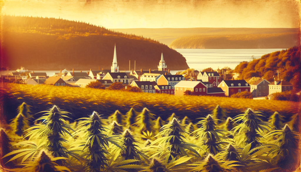 cannabis delivery in a field in the foreground with a scenic landscape of Prince Edward Island in the background