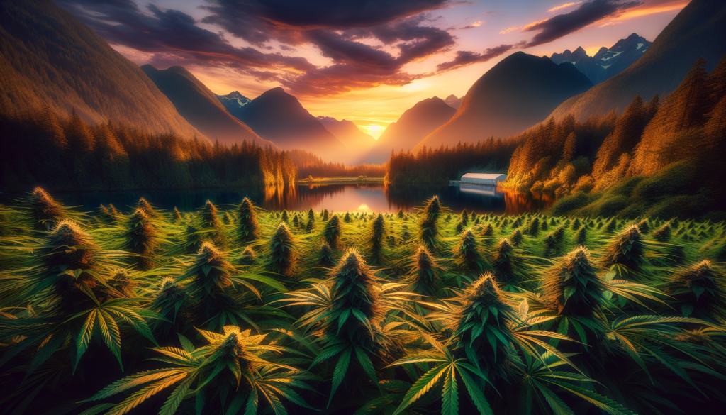 cannabis delivery in a field in the foreground with a scenic landscape of British Columbia in the background