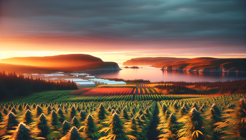 cannabis delivery in a field in the foreground with a scenic landscape of Newfoundland and Labrador in the background