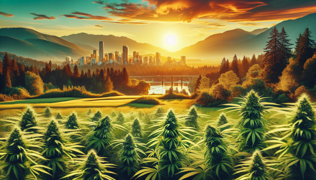 cannabis delivery in a field in the foreground with a scenic landscape of British Columbia in the background