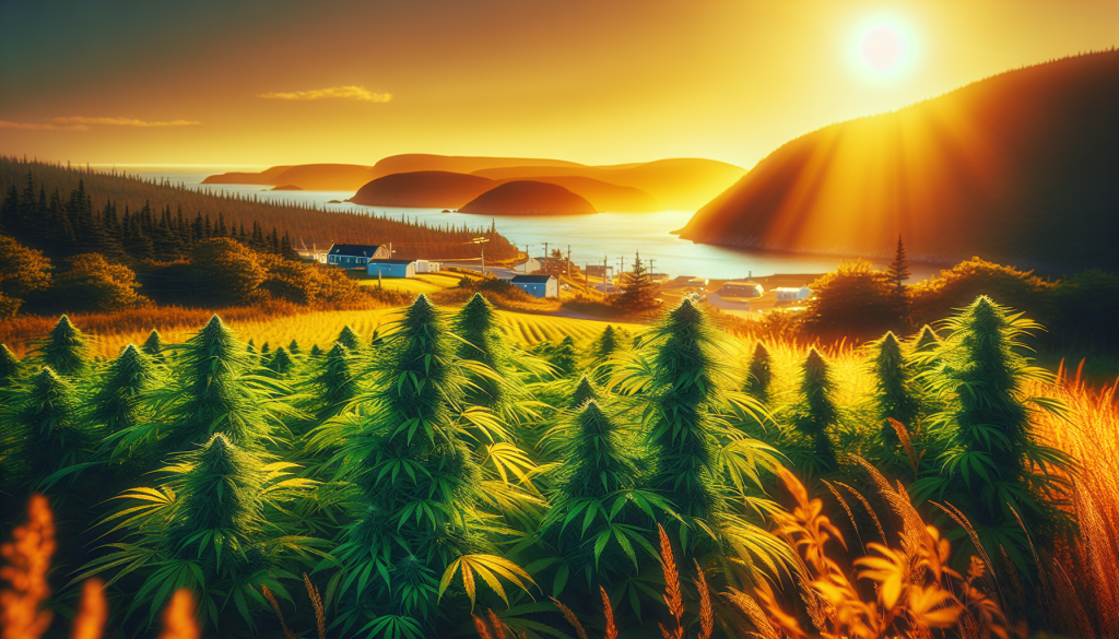 cannabis delivery in a field in the foreground with a scenic landscape of Newfoundland and Labrador in the background