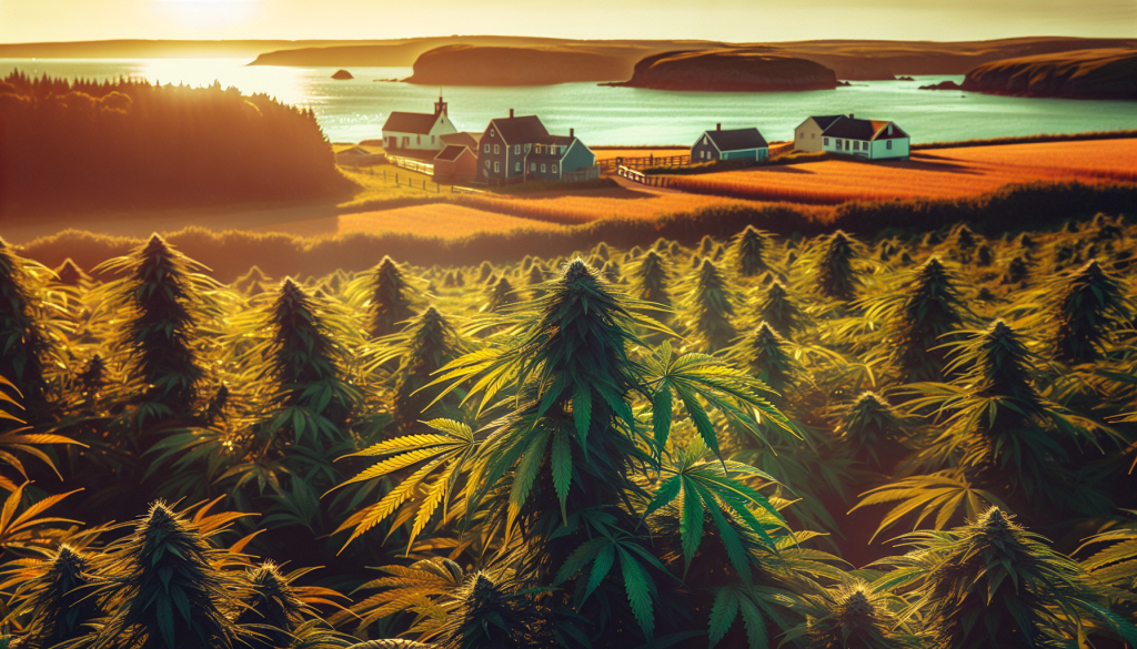 cannabis delivery in a field in the foreground with a scenic landscape of Prince Edward Island in the background