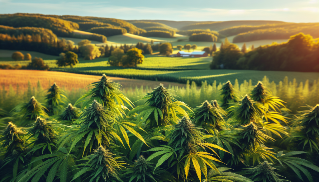 cannabis delivery in a field in the foreground with a scenic landscape of Ontario in the background