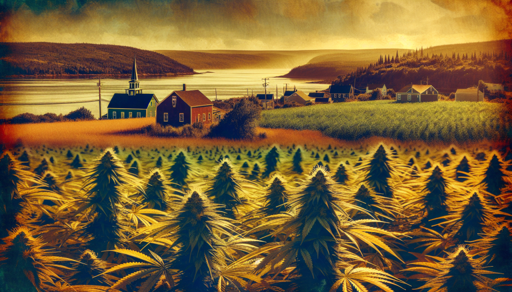 cannabis delivery in a field in the foreground with a scenic landscape of Nova Scotia in the background