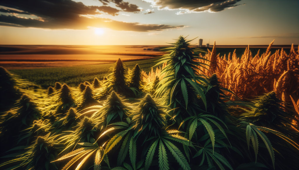 cannabis delivery in a field in the foreground with a scenic landscape of Manitoba in the background