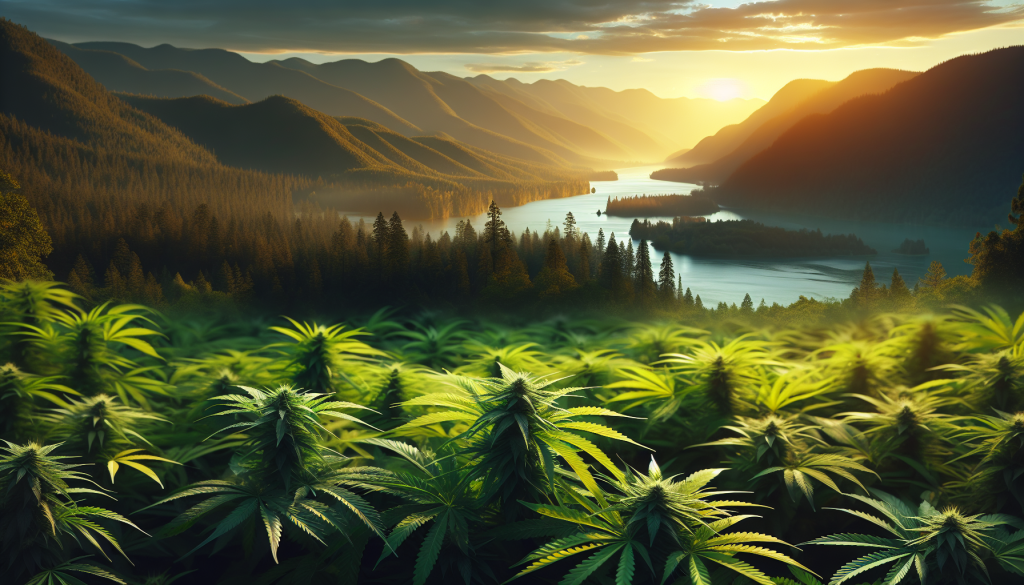 cannabis delivery in a field in the foreground with a scenic landscape of British Columbia in the background