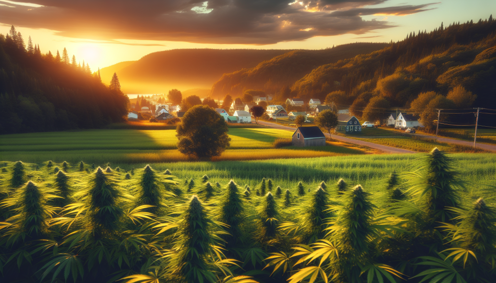 cannabis delivery in a field in the foreground with a scenic landscape of New Brunswick in the background