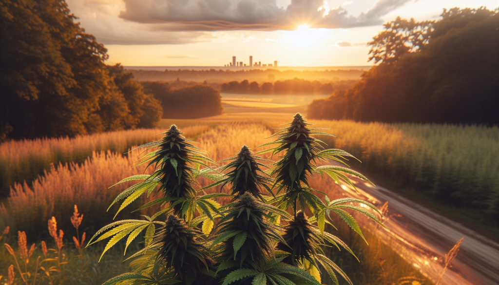 cannabis delivery in a field in the foreground with a scenic landscape of Ontario in the background