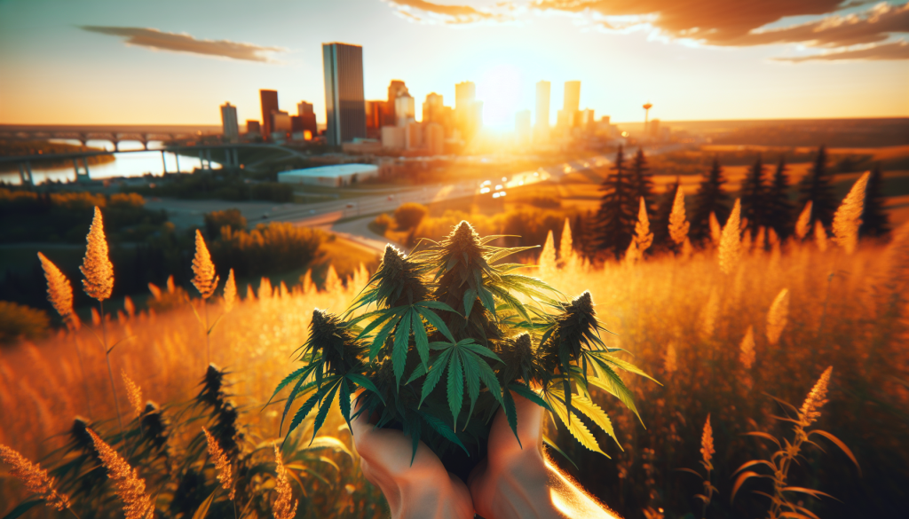 cannabis delivery in a field in the foreground with a scenic landscape of Alberta in the background
