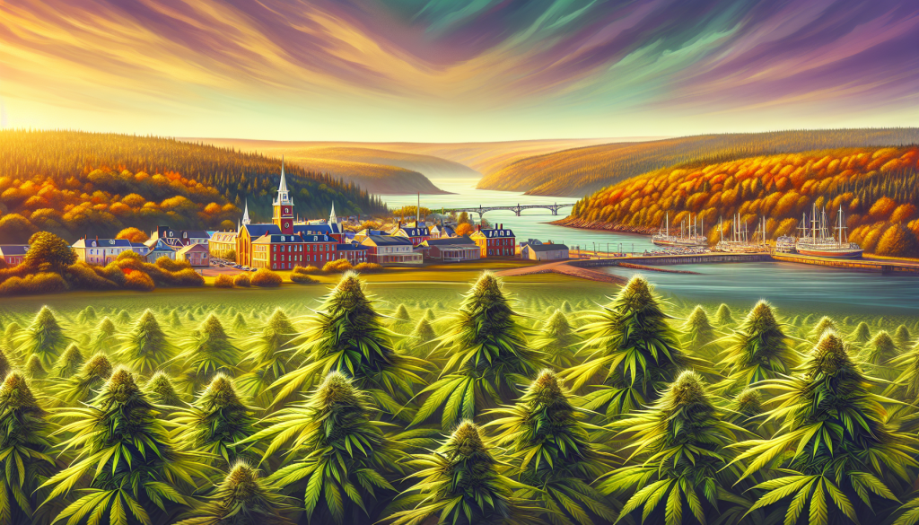 cannabis delivery in a field in the foreground with a scenic landscape of New Brunswick in the background