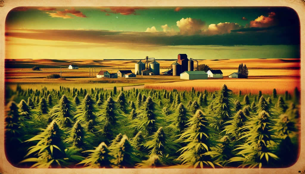 cannabis delivery in a field in the foreground with a scenic landscape of Saskatchewan in the background