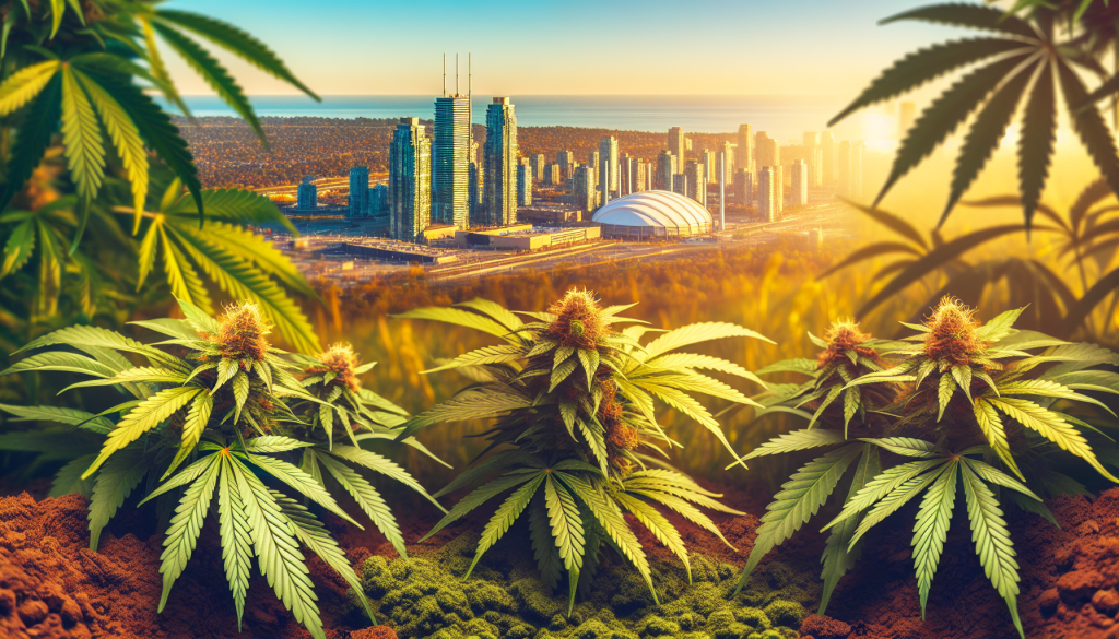 cannabis delivery in a field in the foreground with a scenic landscape of Ontario in the background