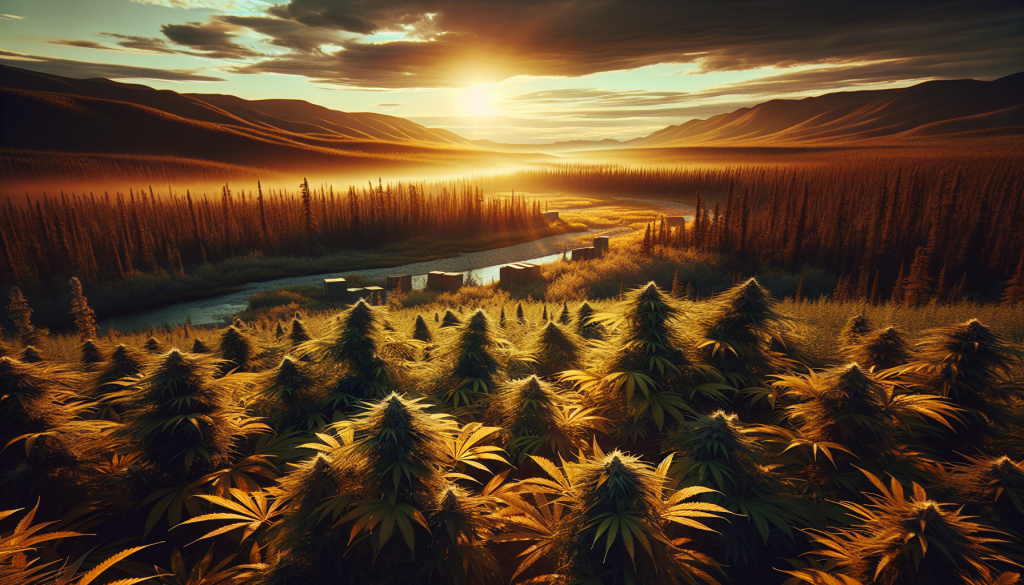cannabis delivery in a field in the foreground with a scenic landscape of Northwest Territories in the background