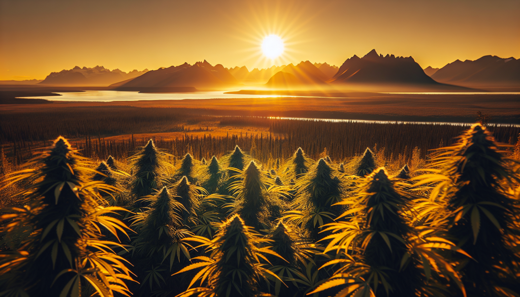 cannabis delivery in a field in the foreground with a scenic landscape of Northwest Territories in the background
