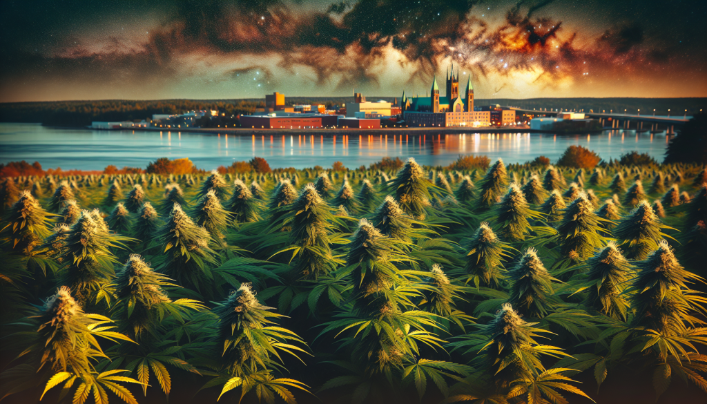 cannabis delivery in a field in the foreground with a scenic landscape of New Brunswick in the background