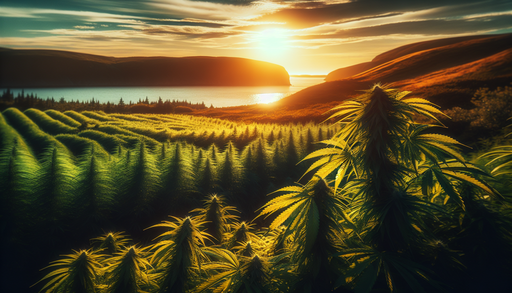 cannabis delivery in a field in the foreground with a scenic landscape of Newfoundland and Labrador in the background