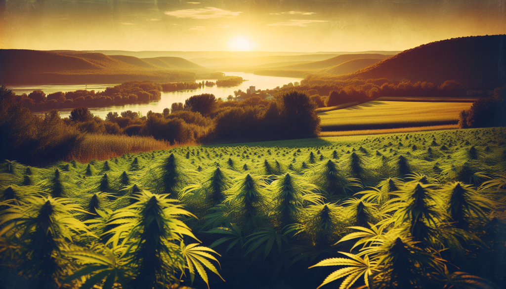 cannabis delivery in a field in the foreground with a scenic landscape of Quebec in the background