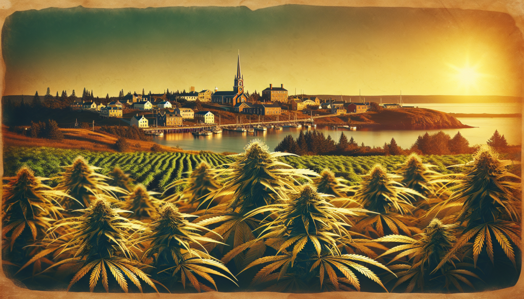 cannabis delivery in a field in the foreground with a scenic landscape of Prince Edward Island in the background